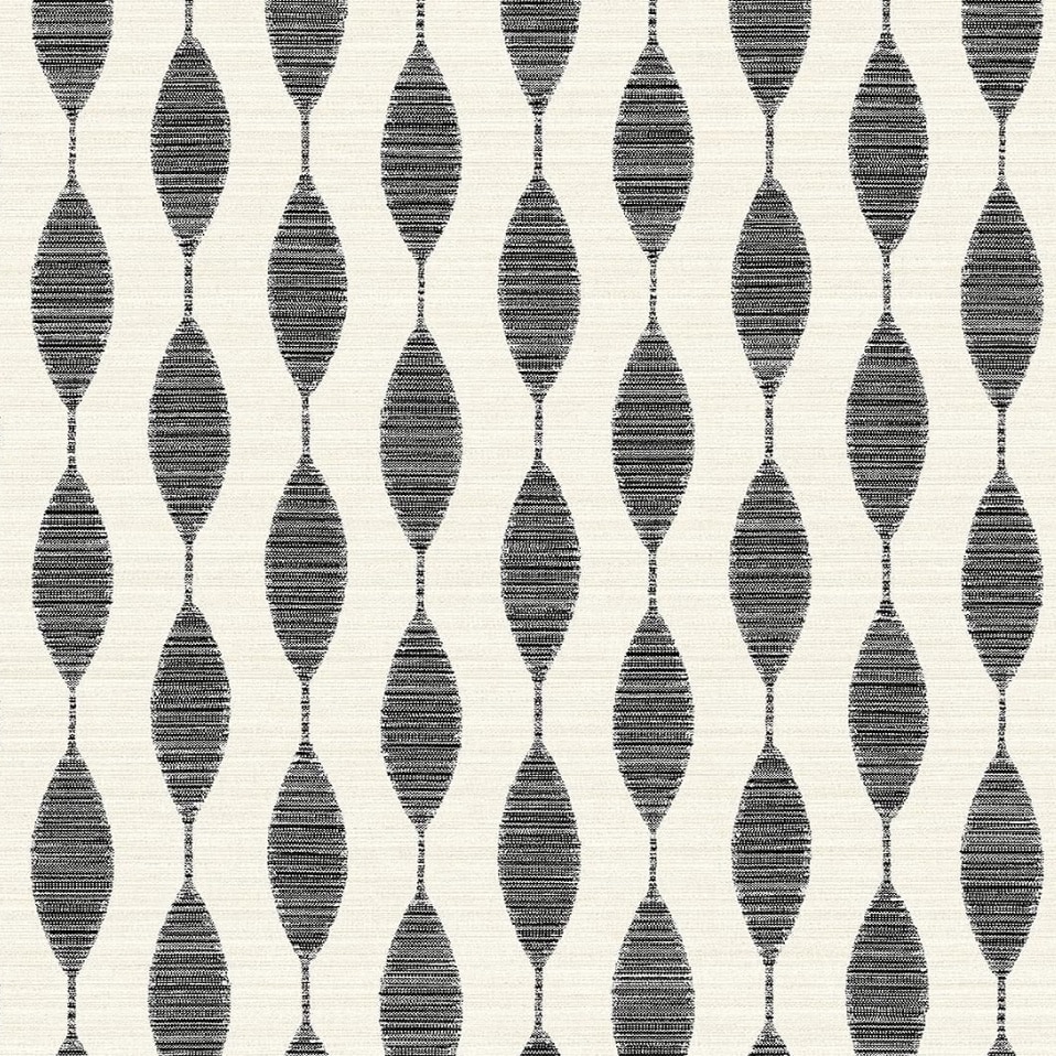 A repeating pattern of vertical rows of black, horizontally striped, leaf-shaped ovals on a white background. The evenly spaced design adds a geometric touch, perfect for creating easy corkboard placemats with a modern and symmetrical flair.
